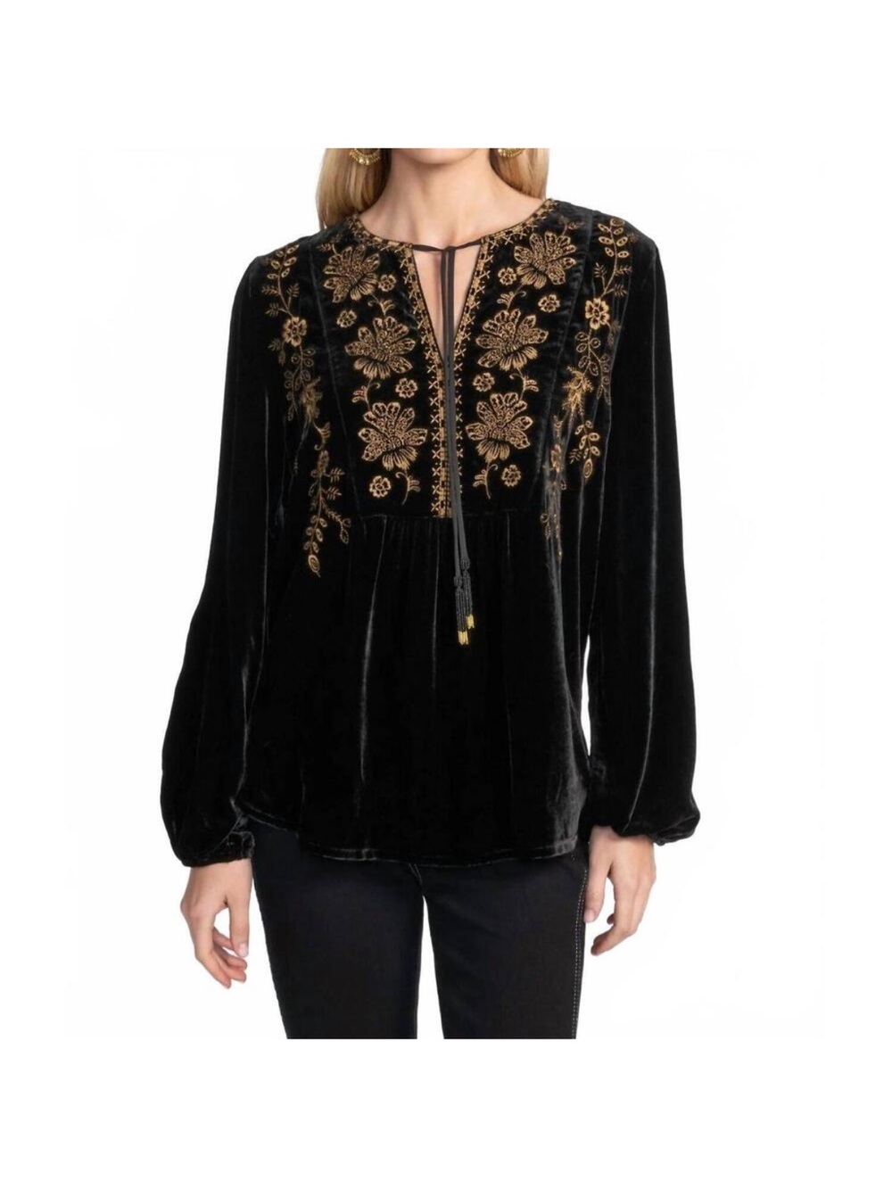 Embroidered Johnny Was Velvet Peasant Blouse - Black with Gold Accents